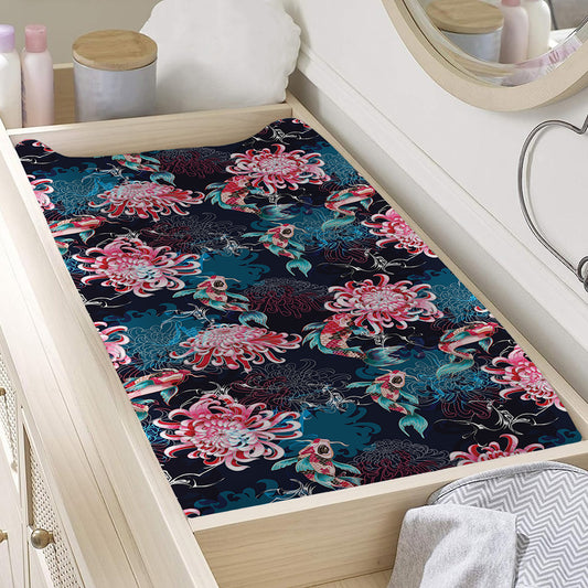 Japanese Koi And Chrysanthemums Print Changing Pad Cover