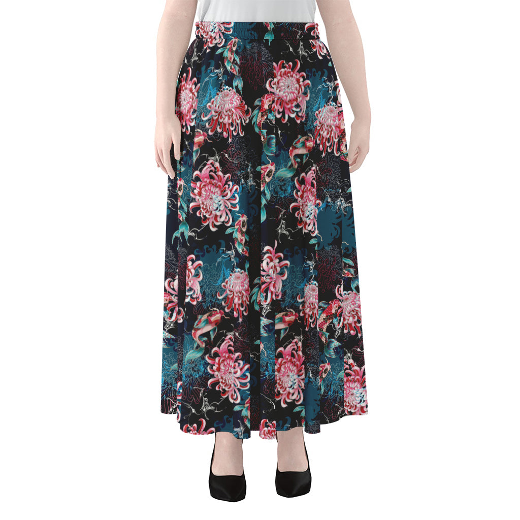 Japanese Koi And Chrysanthemums Print Chiffon Maxi Skirt