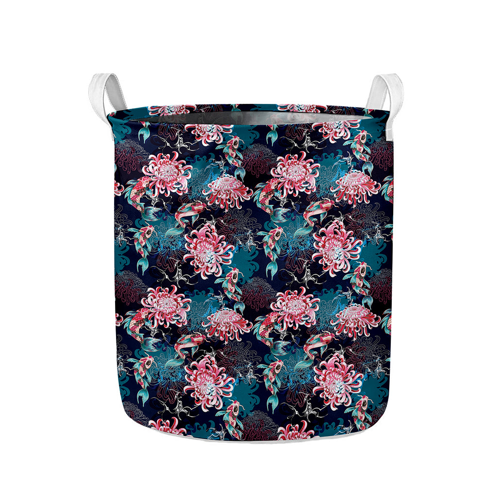 Japanese Koi And Chrysanthemums Print Collapsible Laundry Basket
