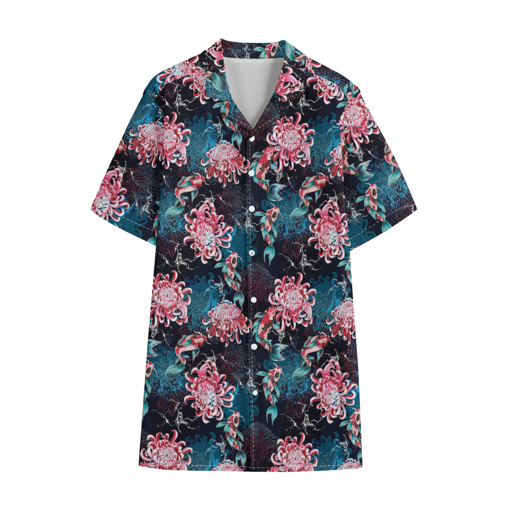 Japanese Koi And Chrysanthemums Print Cotton Hawaiian Shirt
