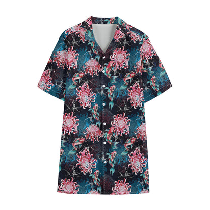 Japanese Koi And Chrysanthemums Print Cotton Hawaiian Shirt