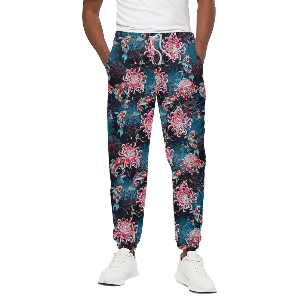 Japanese Koi And Chrysanthemums Print Cotton Pants