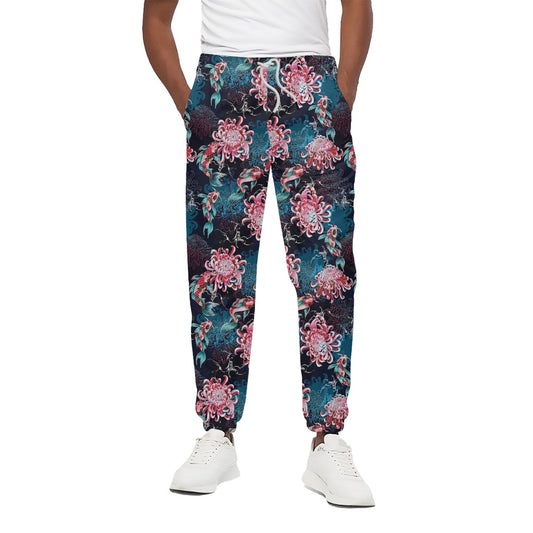 Japanese Koi And Chrysanthemums Print Cotton Pants