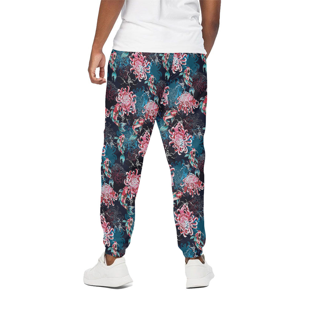 Japanese Koi And Chrysanthemums Print Cotton Pants