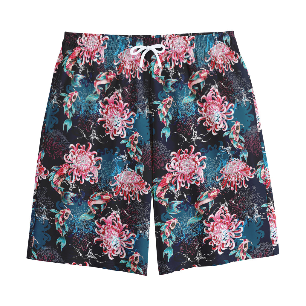 Japanese Koi And Chrysanthemums Print Cotton Shorts