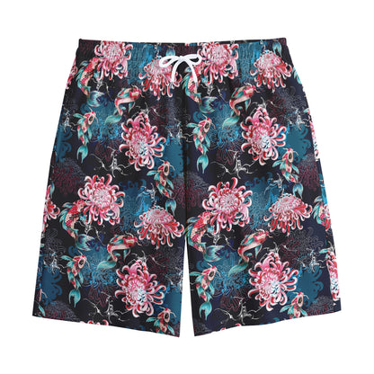 Japanese Koi And Chrysanthemums Print Cotton Shorts