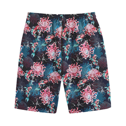 Japanese Koi And Chrysanthemums Print Cotton Shorts