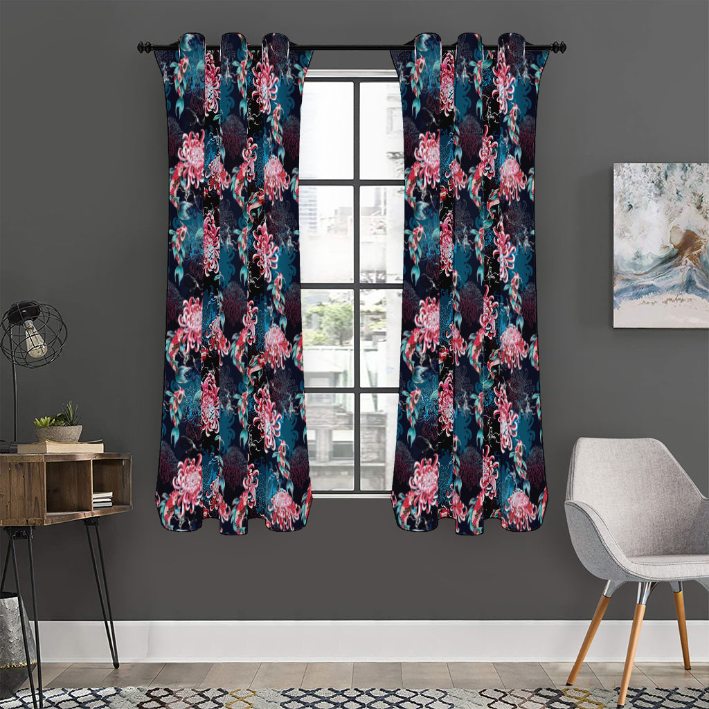 Japanese Koi And Chrysanthemums Print Curtain