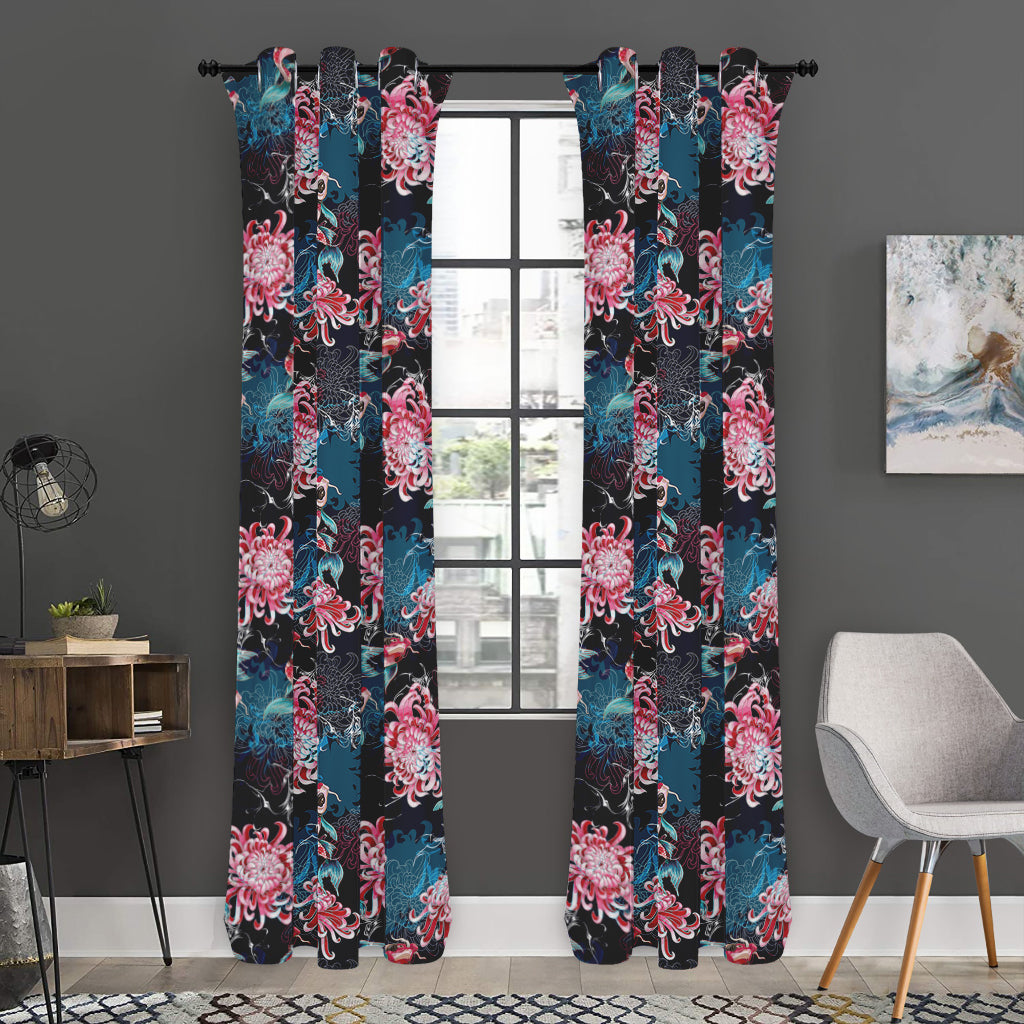 Japanese Koi And Chrysanthemums Print Curtain