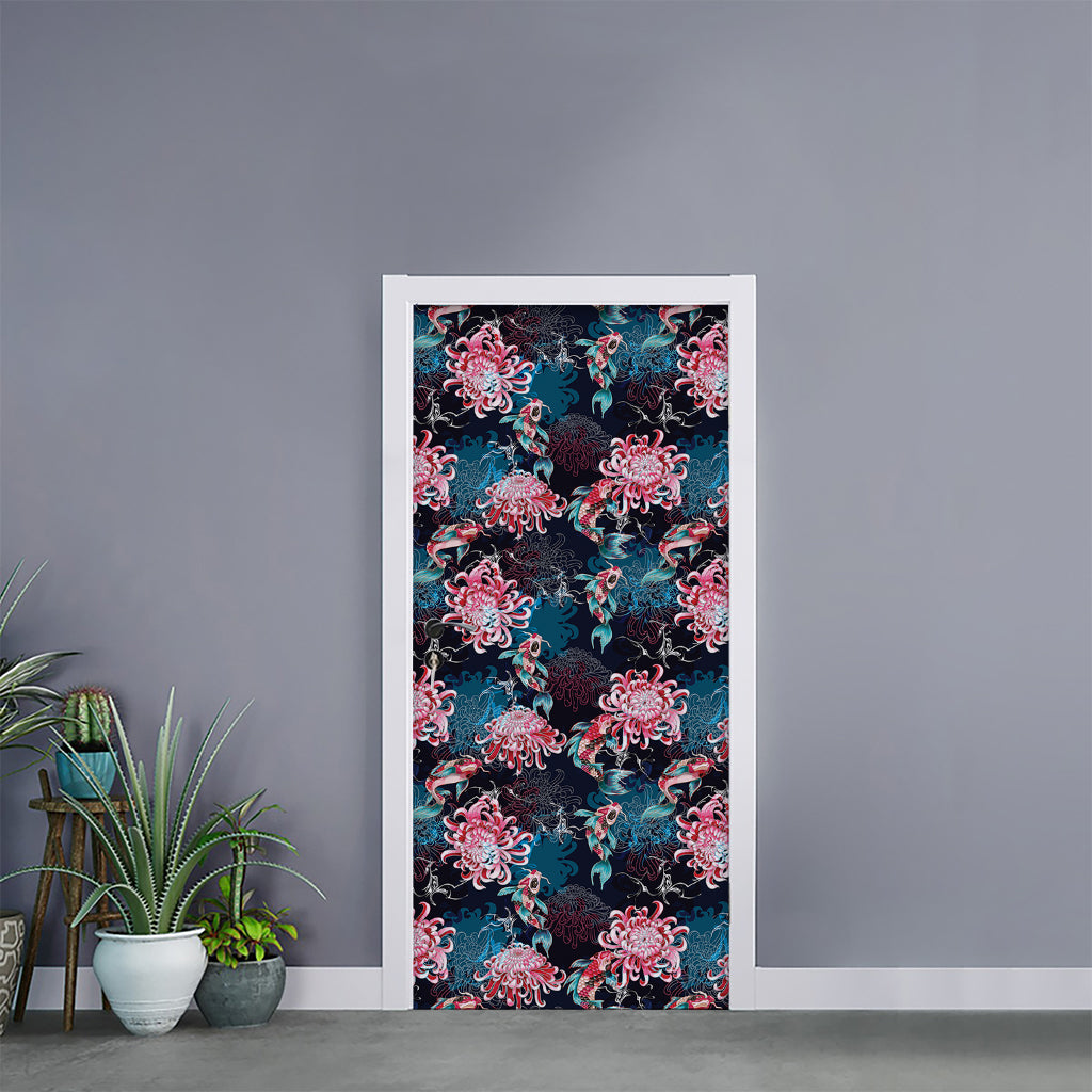 Japanese Koi And Chrysanthemums Print Door Sticker