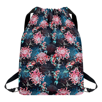 Japanese Koi And Chrysanthemums Print Drawstring Backpack