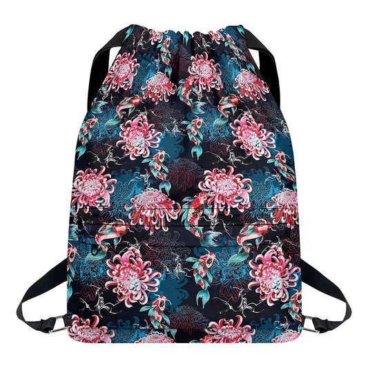 Japanese Koi And Chrysanthemums Print Drawstring Backpack