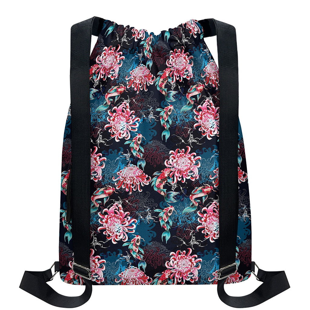 Japanese Koi And Chrysanthemums Print Drawstring Backpack