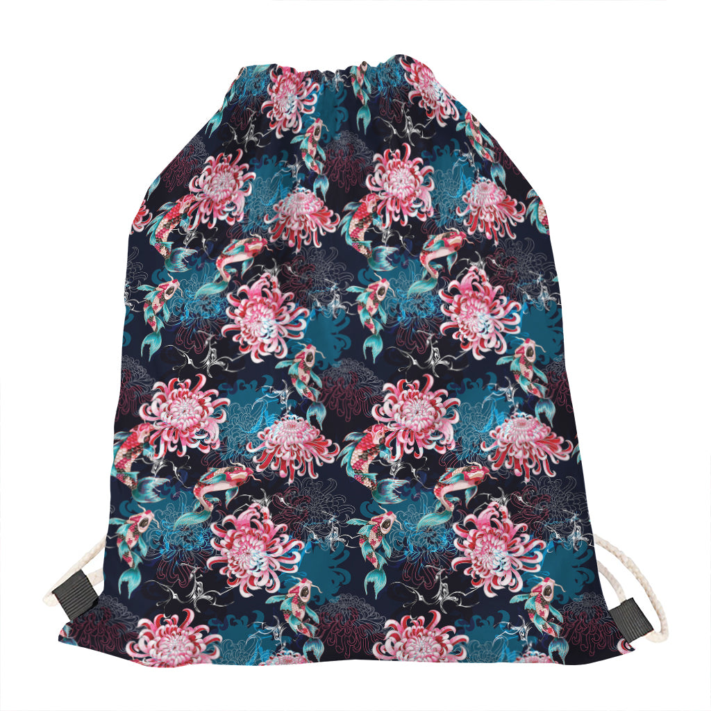 Japanese Koi And Chrysanthemums Print Drawstring Bag