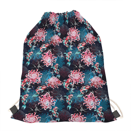 Japanese Koi And Chrysanthemums Print Drawstring Bag