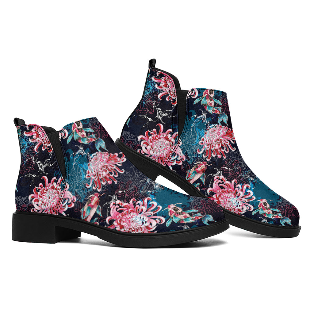 Japanese Koi And Chrysanthemums Print Flat Ankle Boots