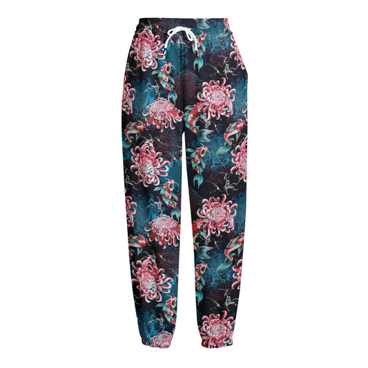 Japanese Koi And Chrysanthemums Print Fleece Lined Knit Pants