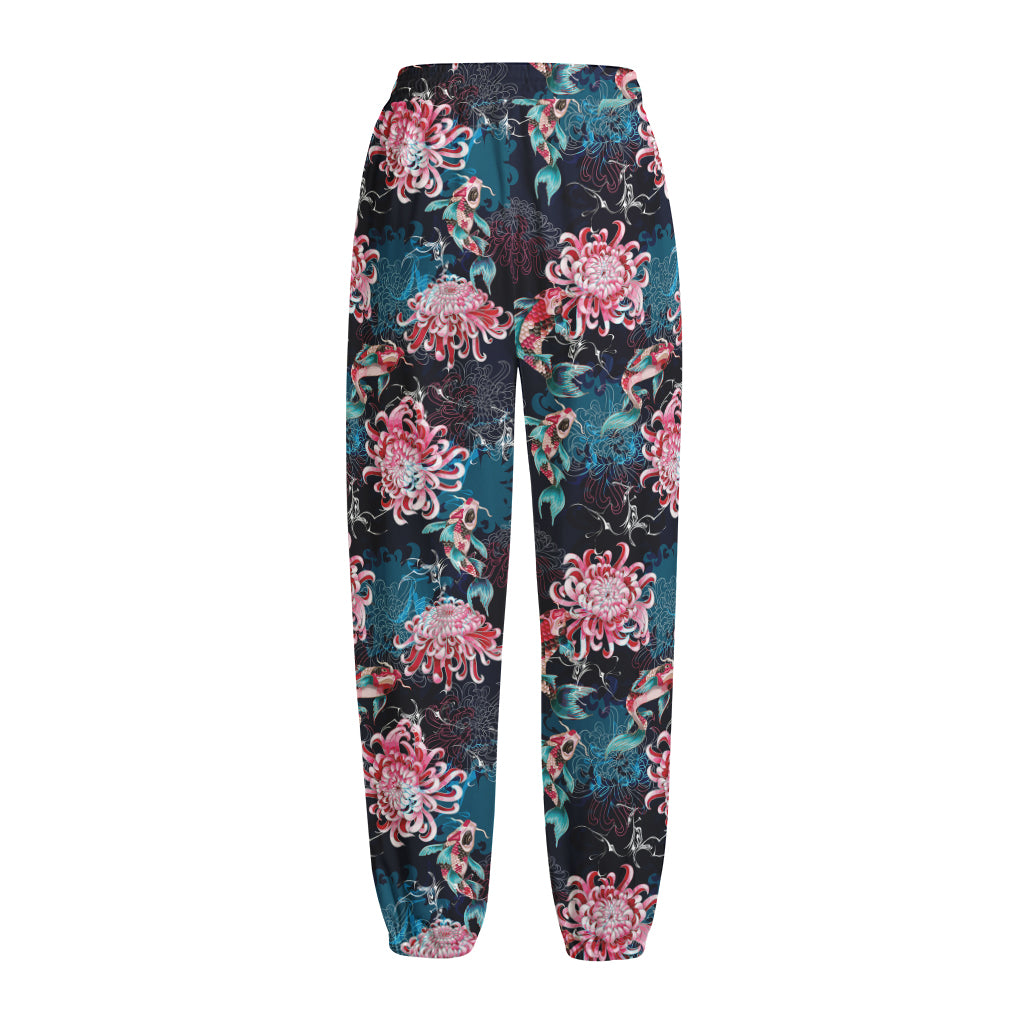 Japanese Koi And Chrysanthemums Print Fleece Lined Knit Pants