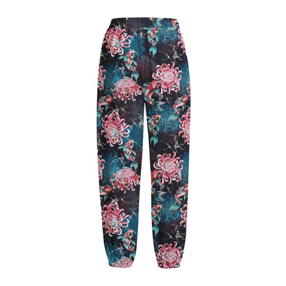 Japanese Koi And Chrysanthemums Print Fleece Lined Knit Pants