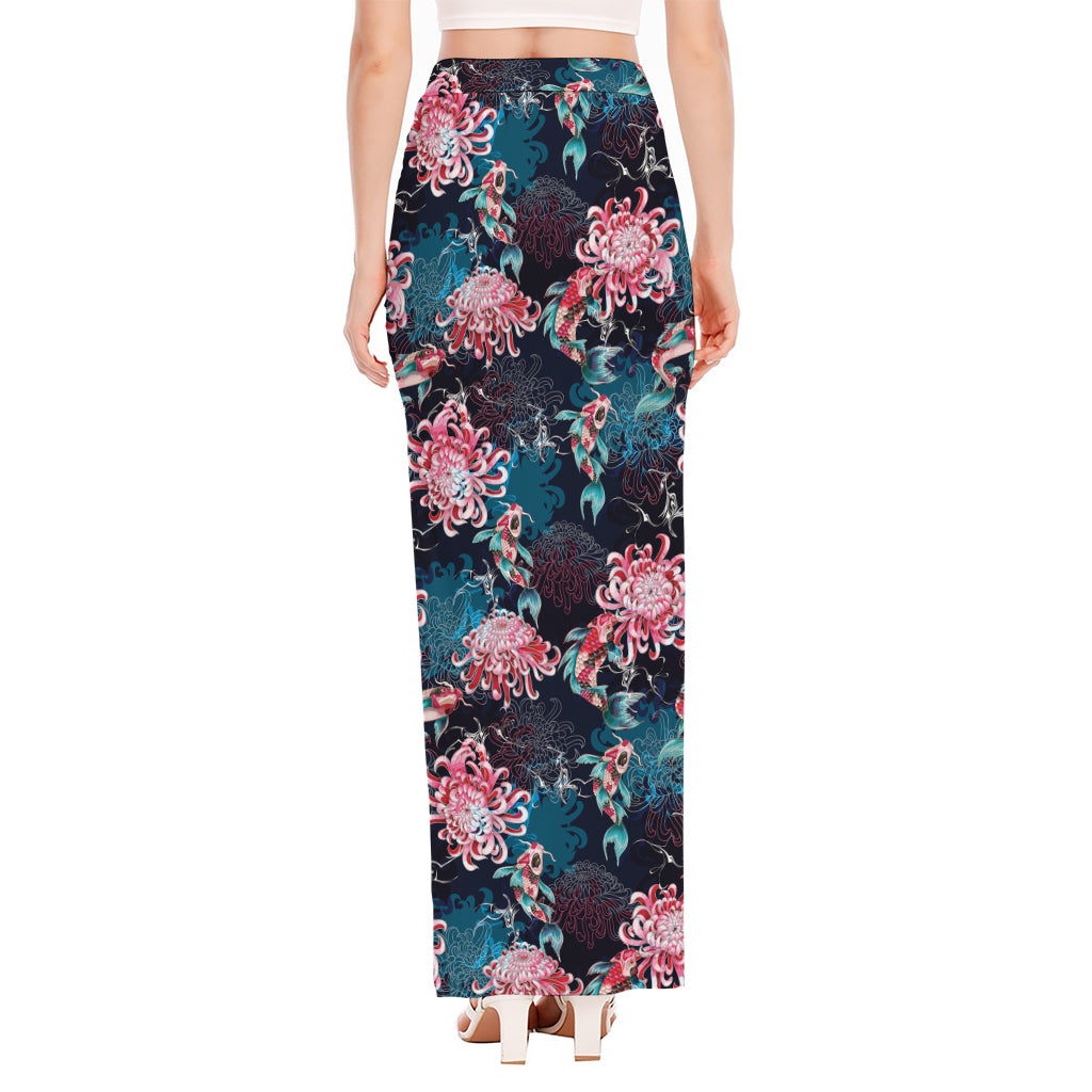 Japanese Koi And Chrysanthemums Print High Slit Maxi Skirt