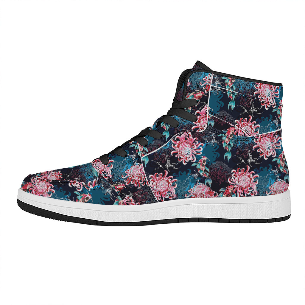 Japanese Koi And Chrysanthemums Print High Top Leather Sneakers