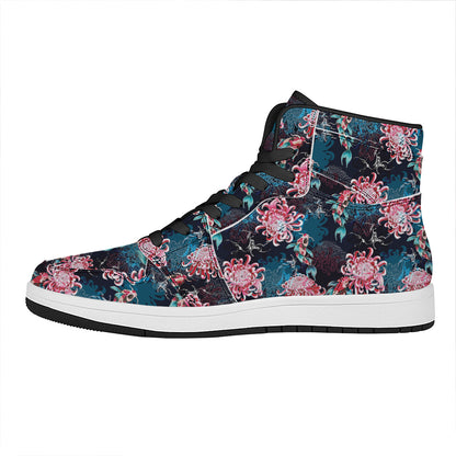 Japanese Koi And Chrysanthemums Print High Top Leather Sneakers