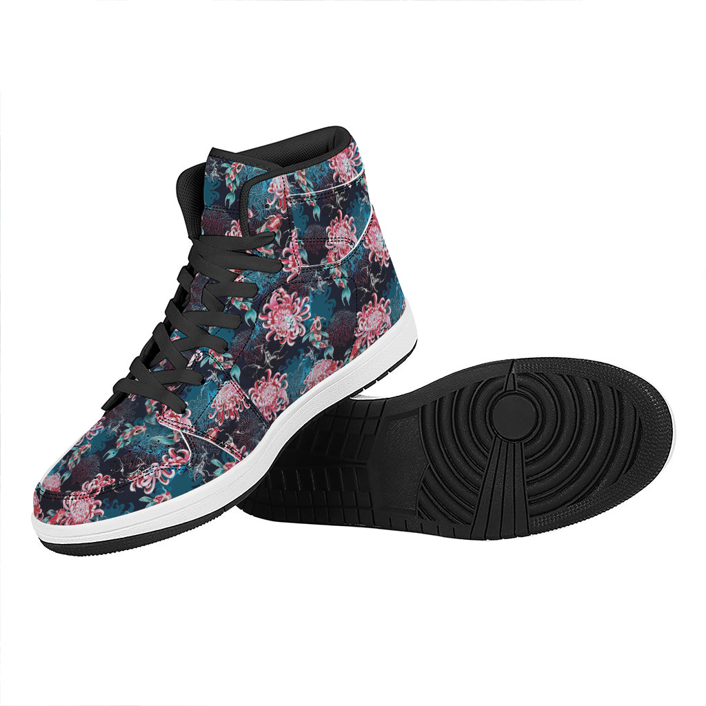 Japanese Koi And Chrysanthemums Print High Top Leather Sneakers