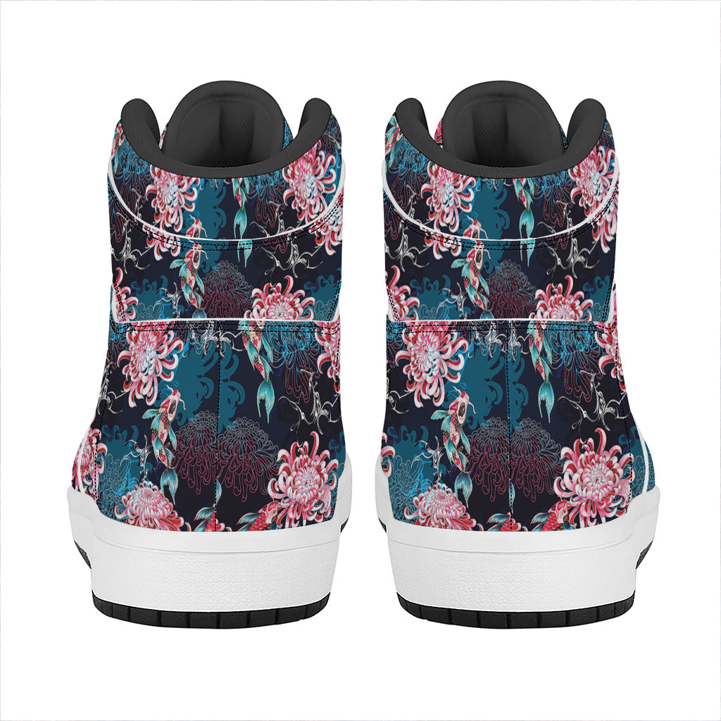 Japanese Koi And Chrysanthemums Print High Top Leather Sneakers
