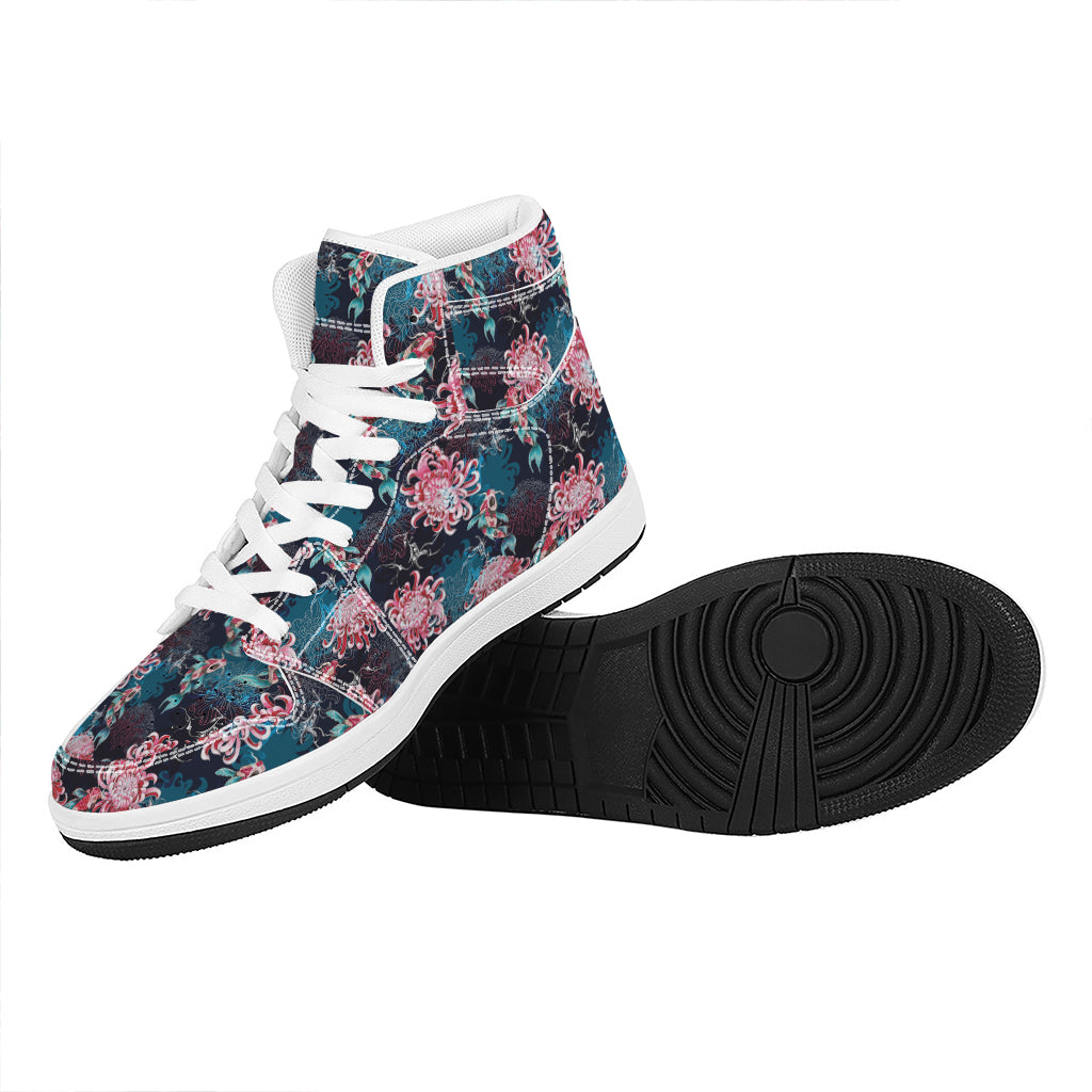 Japanese Koi And Chrysanthemums Print High Top Leather Sneakers