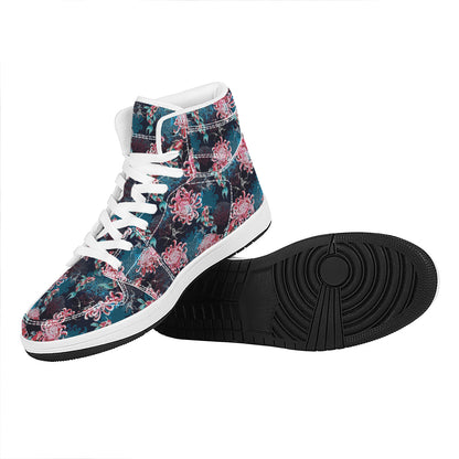 Japanese Koi And Chrysanthemums Print High Top Leather Sneakers