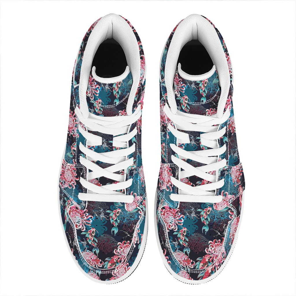 Japanese Koi And Chrysanthemums Print High Top Leather Sneakers