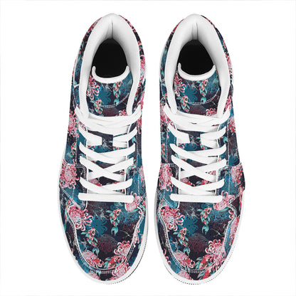 Japanese Koi And Chrysanthemums Print High Top Leather Sneakers