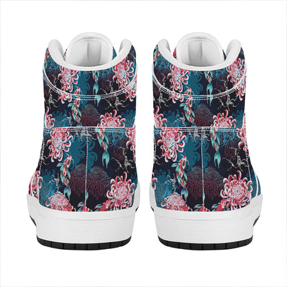Japanese Koi And Chrysanthemums Print High Top Leather Sneakers
