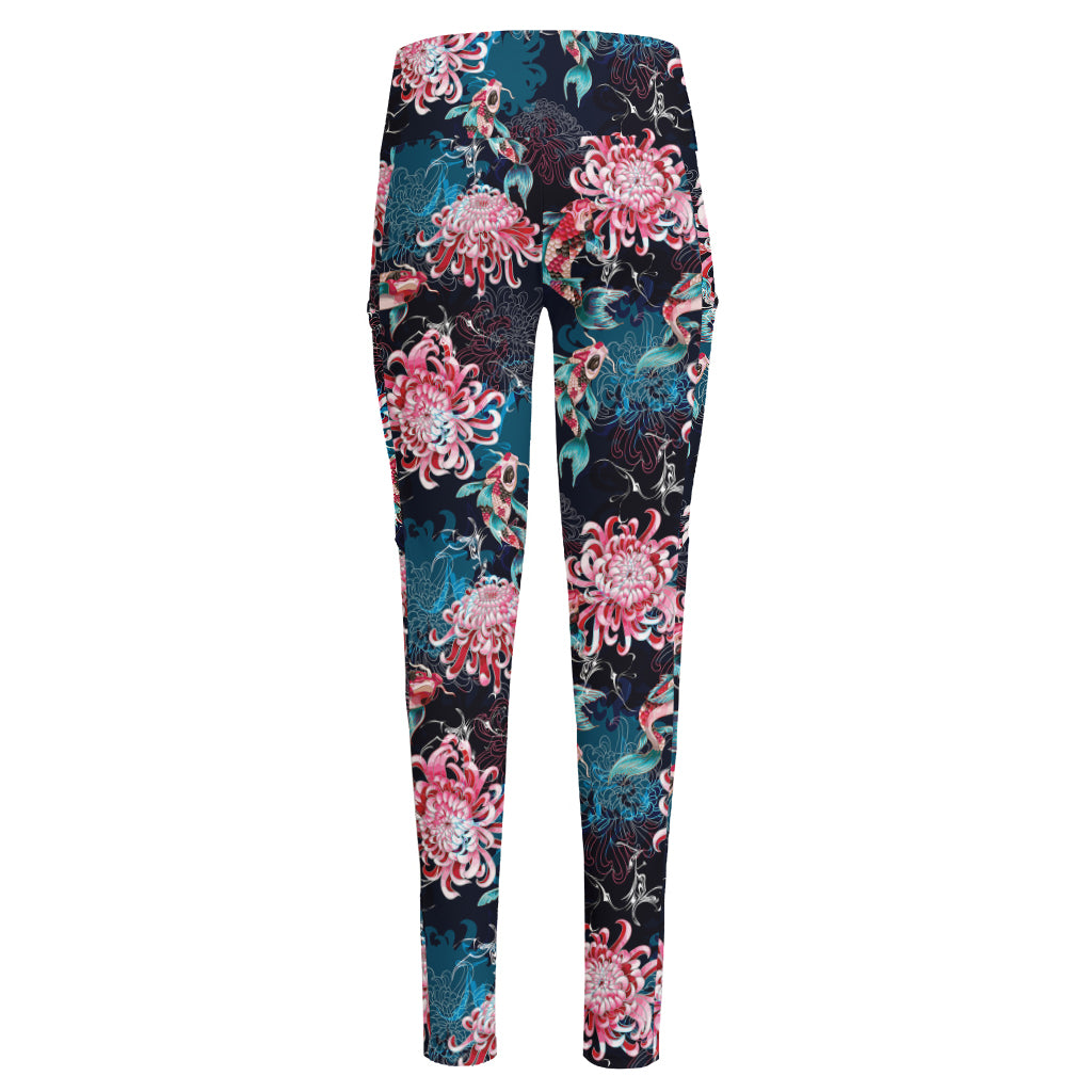 Japanese Koi And Chrysanthemums Print High-Waisted Pocket Leggings