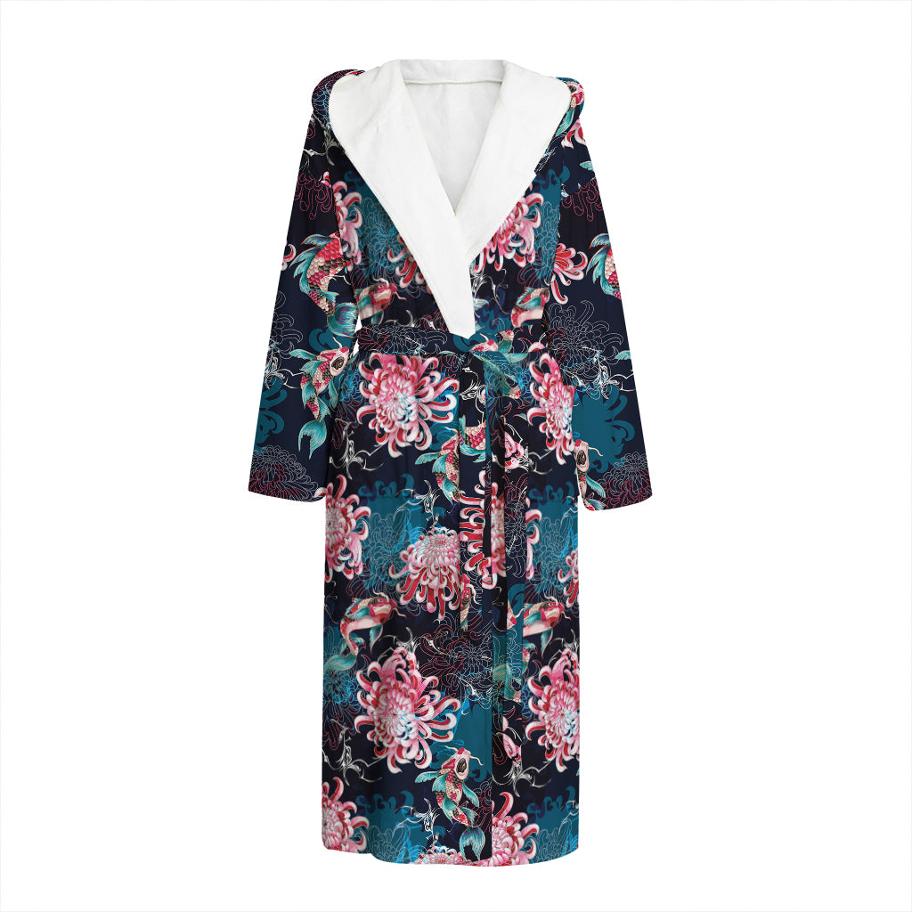 Japanese Koi And Chrysanthemums Print Hooded Bathrobe