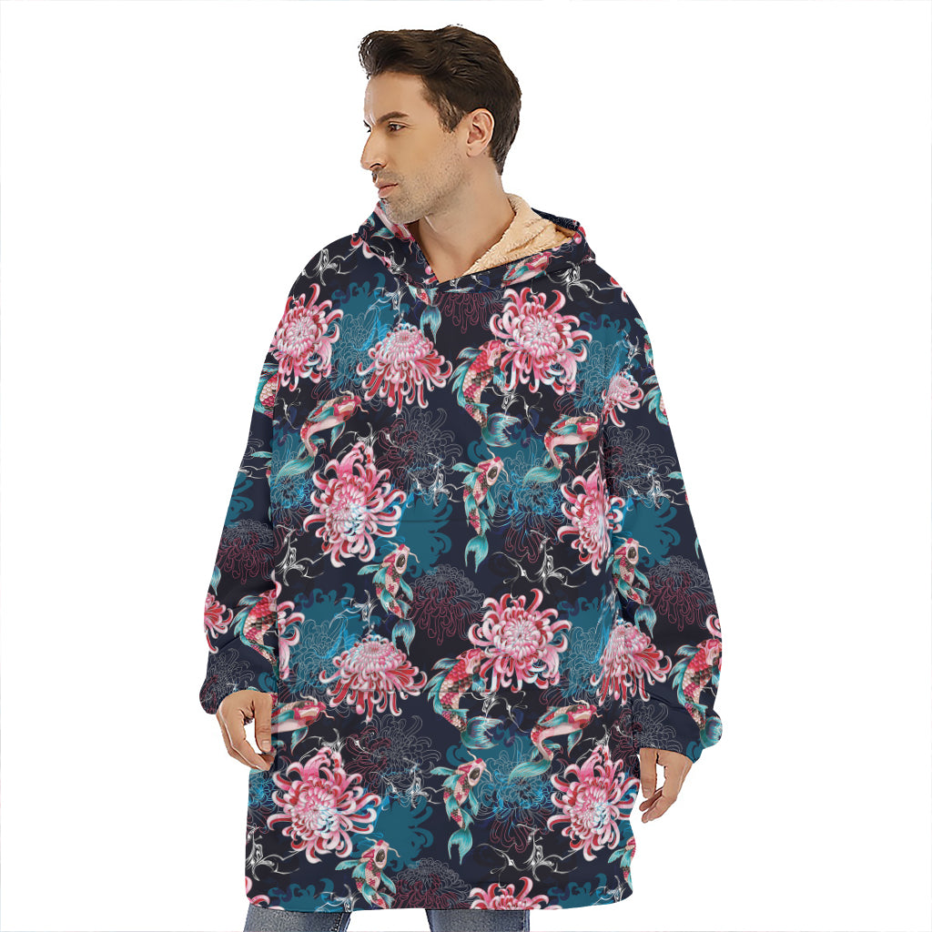 Japanese Koi And Chrysanthemums Print Hoodie Blanket