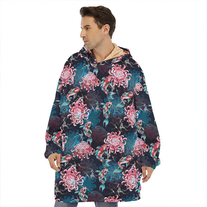 Japanese Koi And Chrysanthemums Print Hoodie Blanket