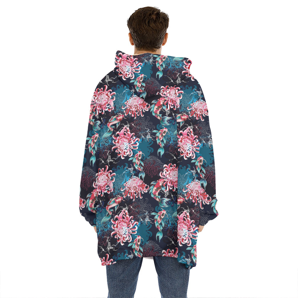 Japanese Koi And Chrysanthemums Print Hoodie Blanket