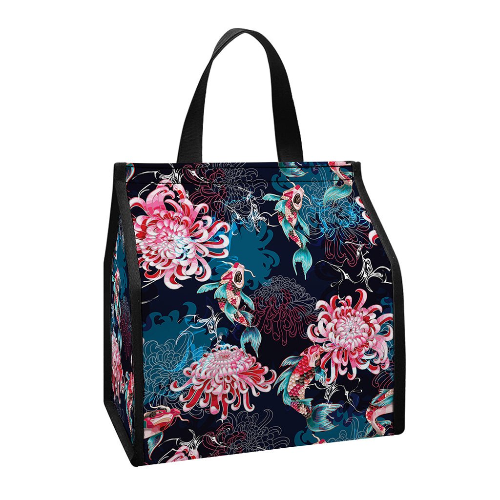 Japanese Koi And Chrysanthemums Print Insulated Lunch Tote