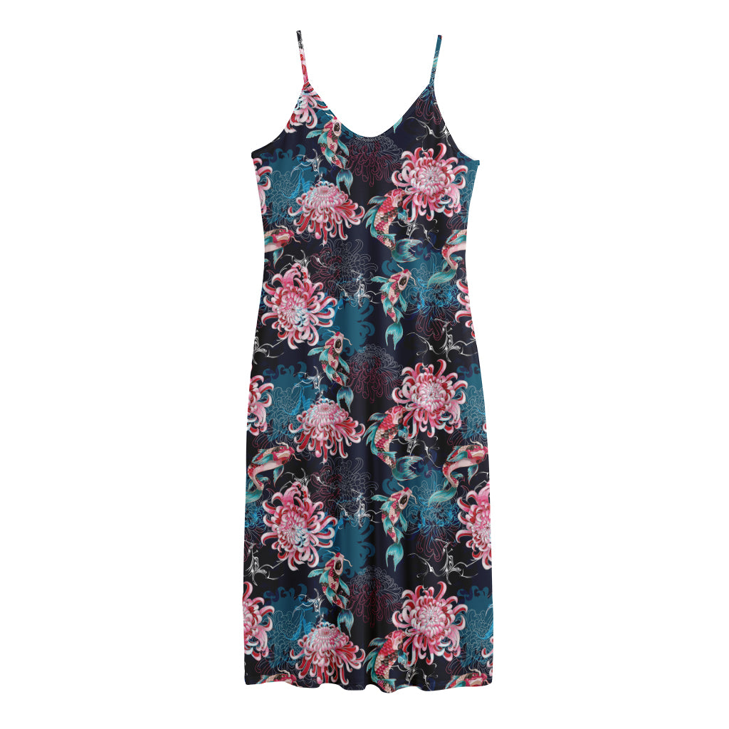 Japanese Koi And Chrysanthemums Print Jersey Midi Cami Dress