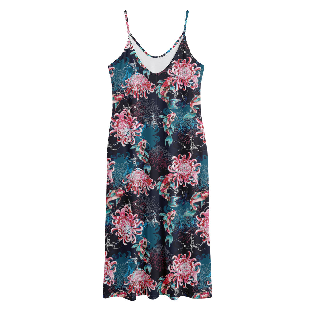 Japanese Koi And Chrysanthemums Print Jersey Midi Cami Dress