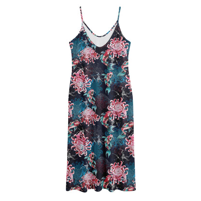 Japanese Koi And Chrysanthemums Print Jersey Midi Cami Dress