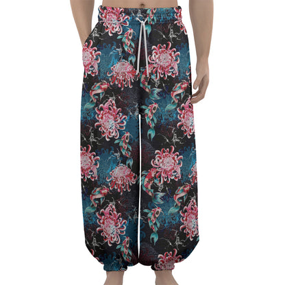 Japanese Koi And Chrysanthemums Print Lantern Pants