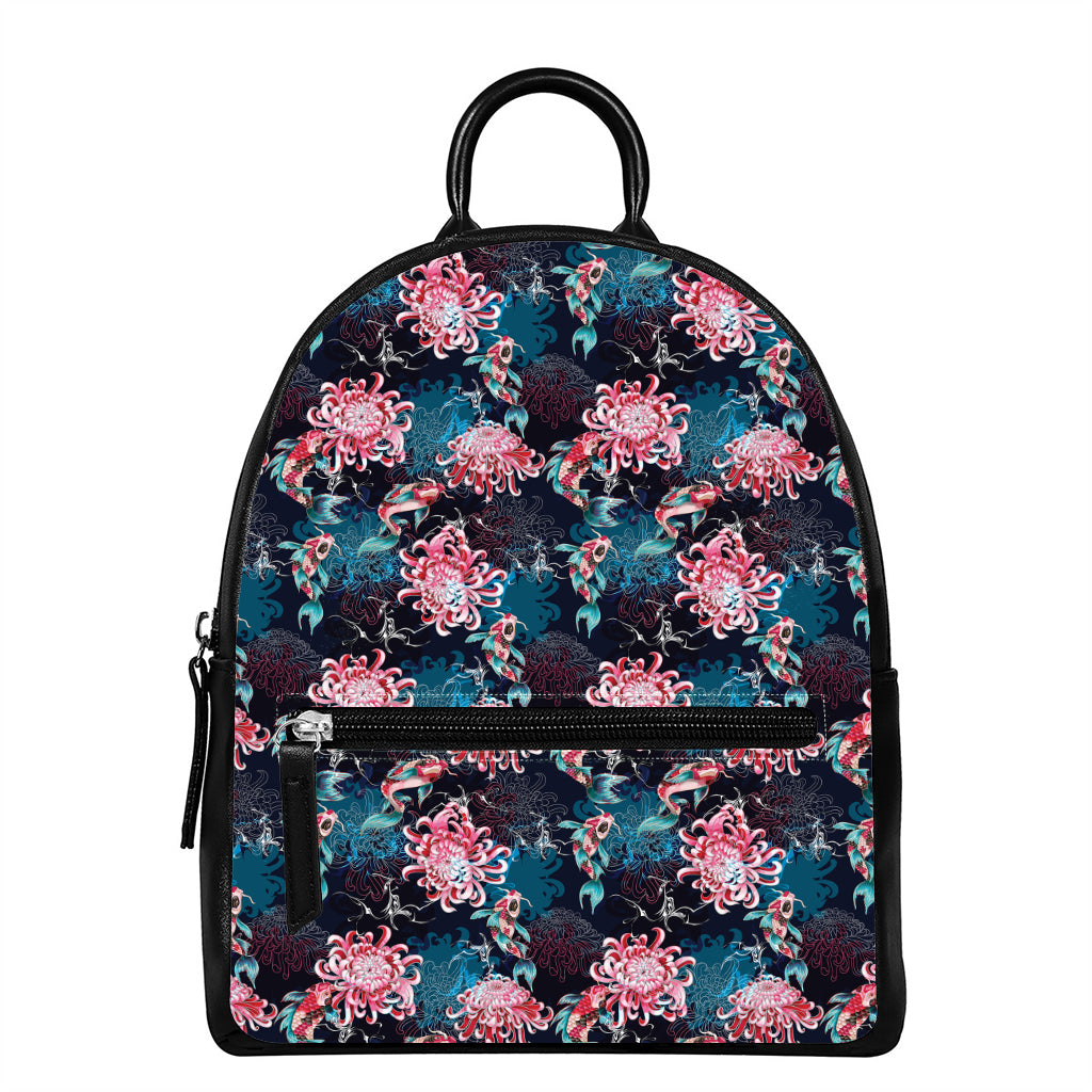 Japanese Koi And Chrysanthemums Print Leather Backpack