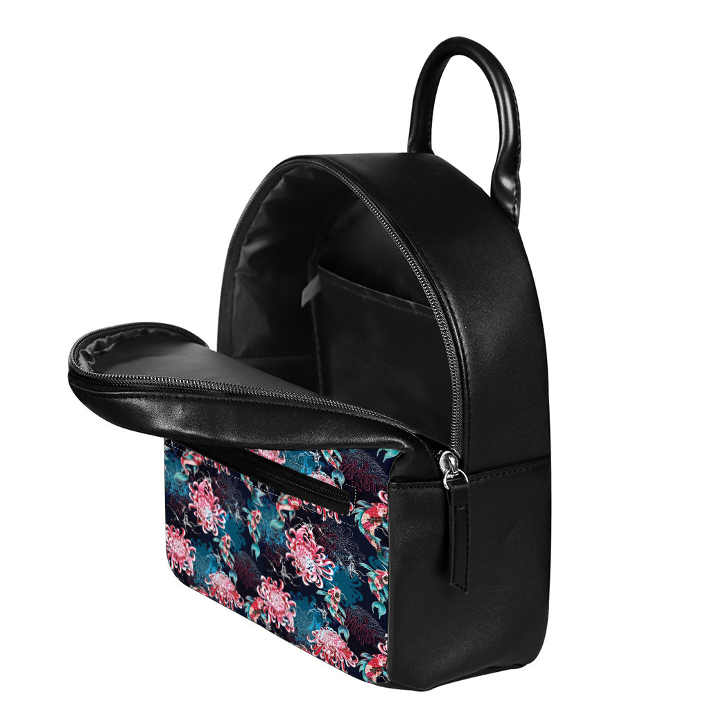 Japanese Koi And Chrysanthemums Print Leather Backpack