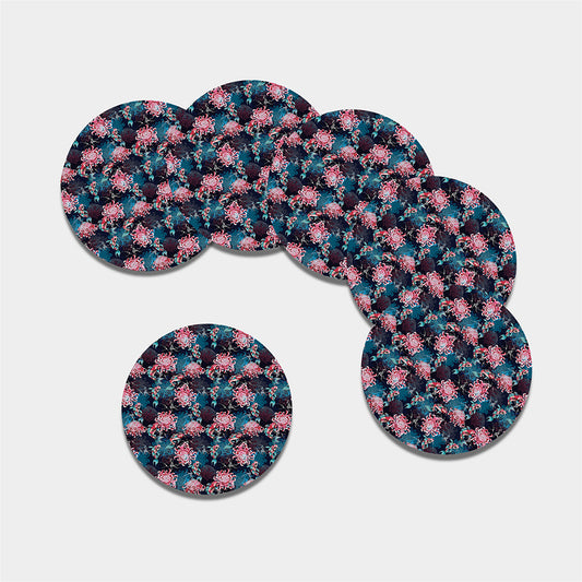Japanese Koi And Chrysanthemums Print Leather Coaster Set