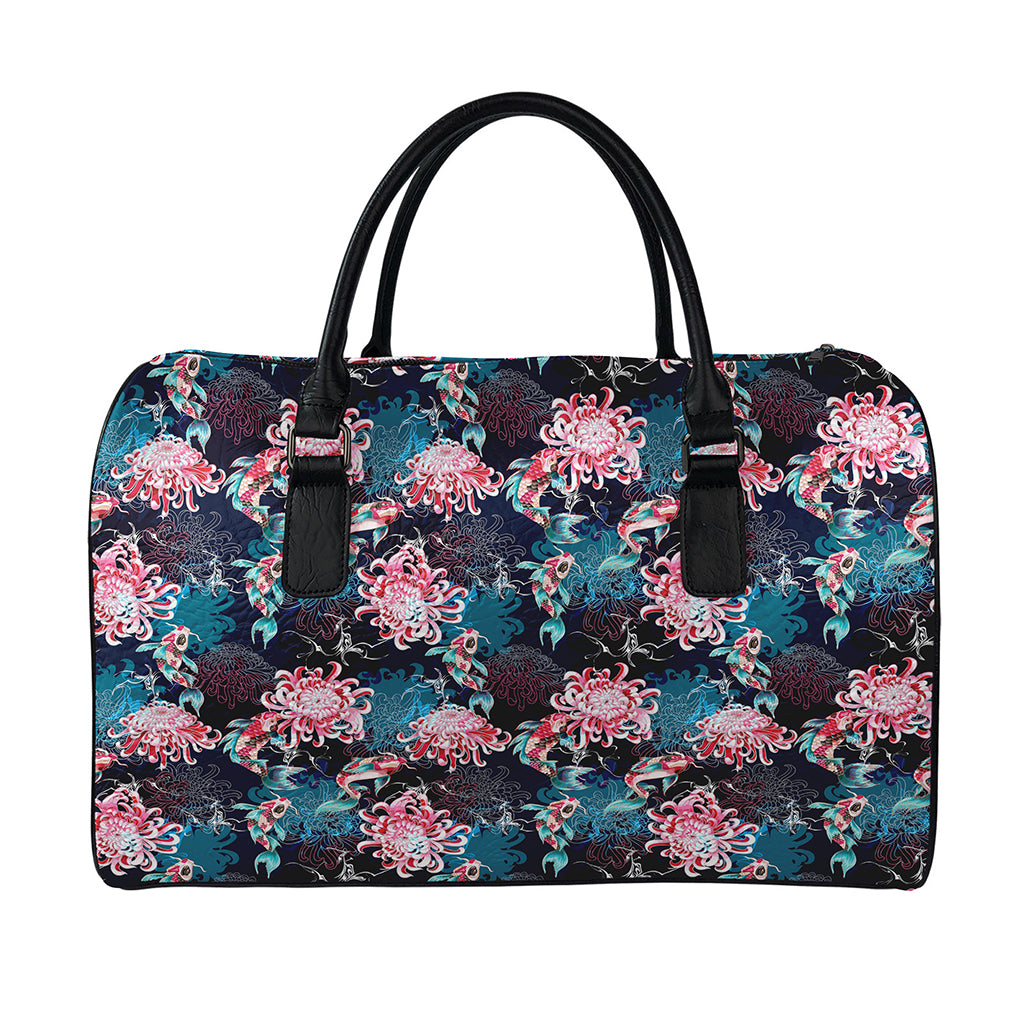 Japanese Koi And Chrysanthemums Print Leather Duffle Bag