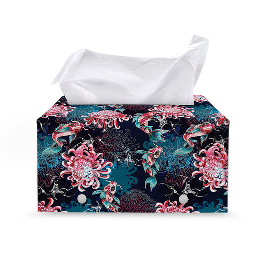 Japanese Koi And Chrysanthemums Print Leather Tissue Box Cover