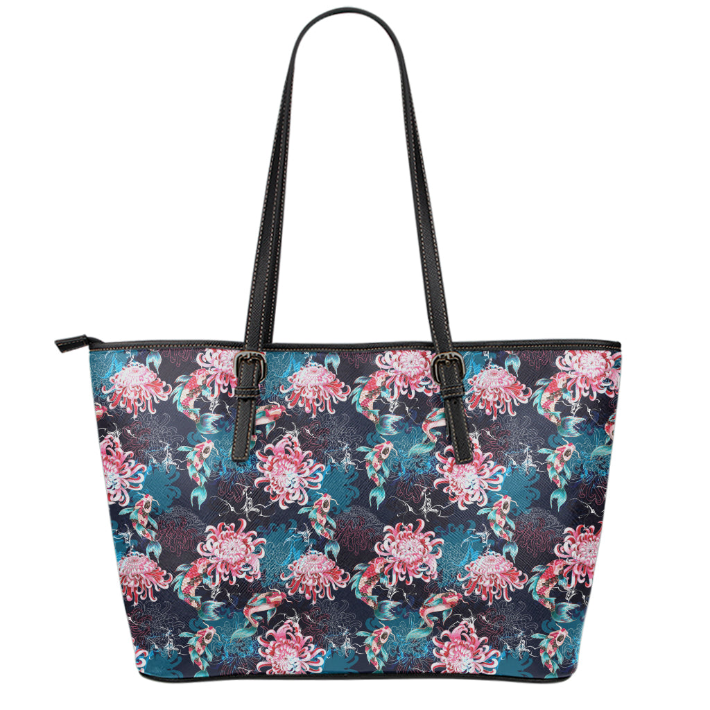 Japanese Koi And Chrysanthemums Print Leather Tote Bag