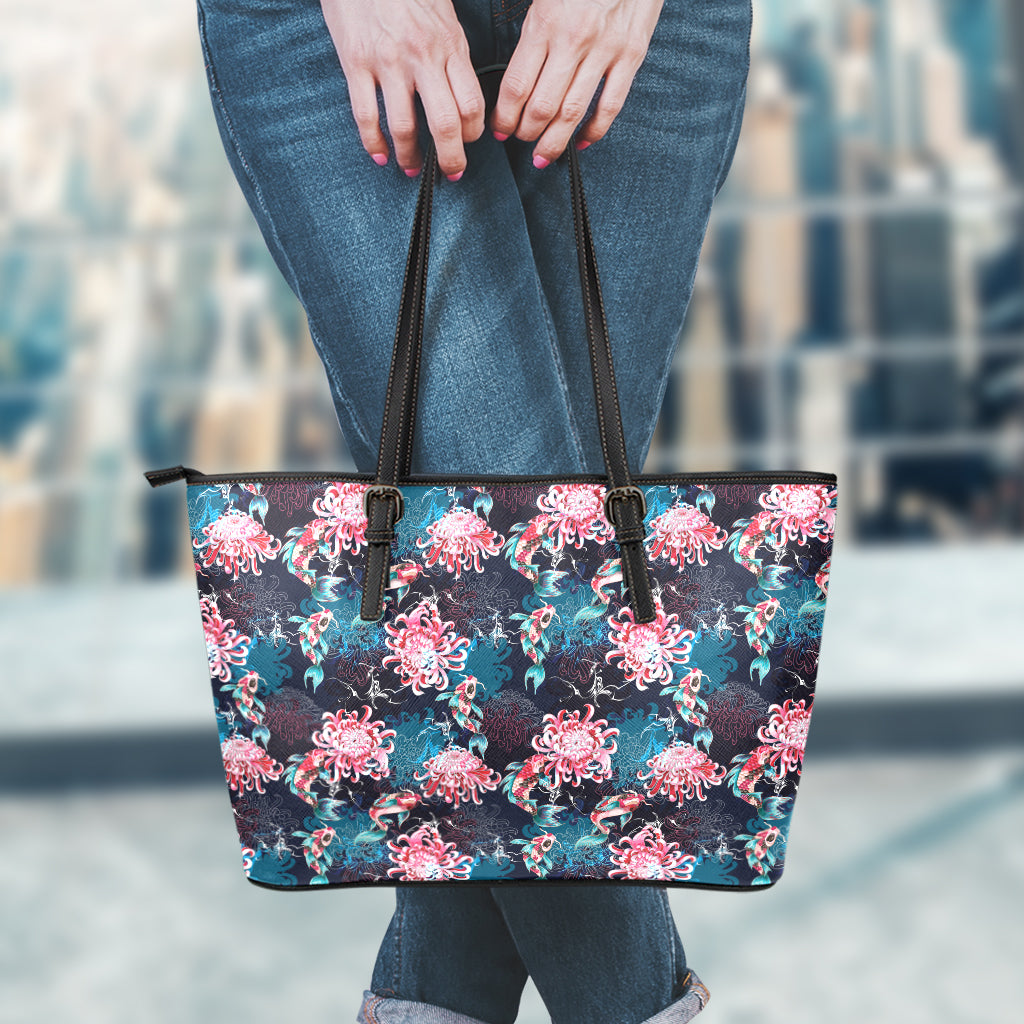 Japanese Koi And Chrysanthemums Print Leather Tote Bag